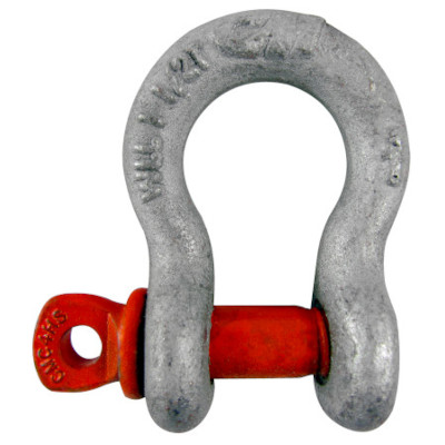 a gray shackle with red screw pin